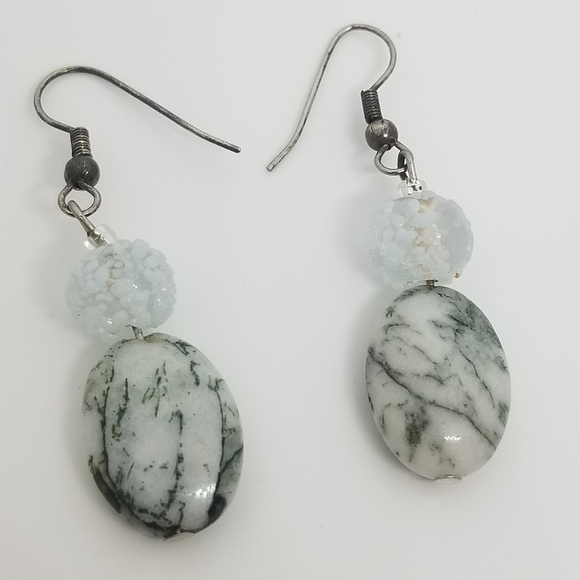 VINTAGE TREE AGATE GEMSTONE & GLASS DROP HOOK EARRINGS - Picture 3 of 5